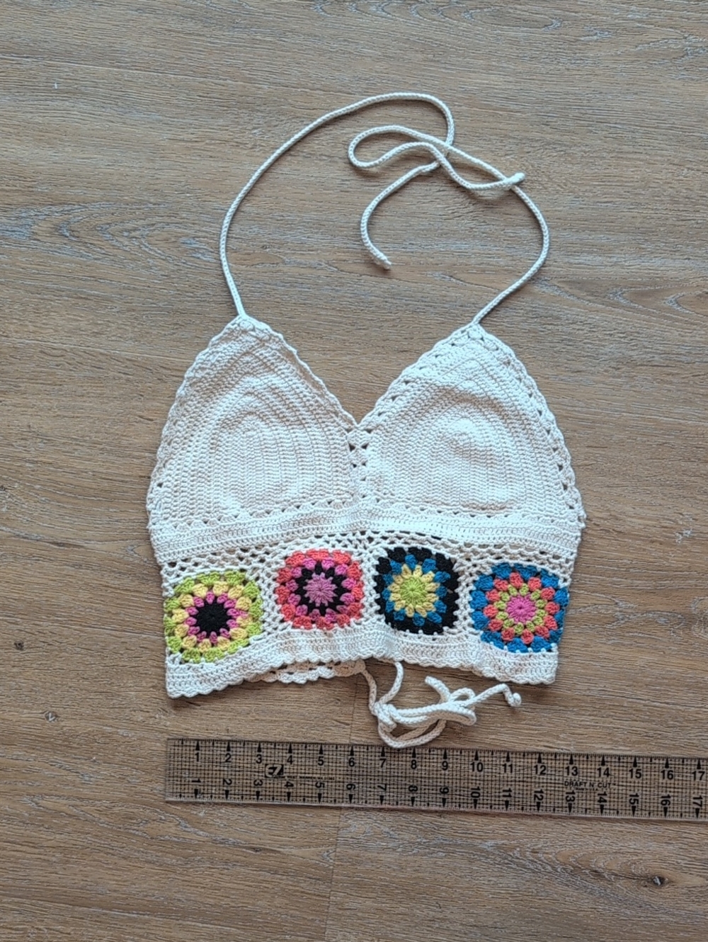 Crochet Bra Top In Off White with Colorful Accents, 100% Cotton, Medium